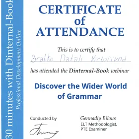 Сертифікат за відвідування вебінара видавництва Dinternal-Book "Discover of Wider World of Grammar"